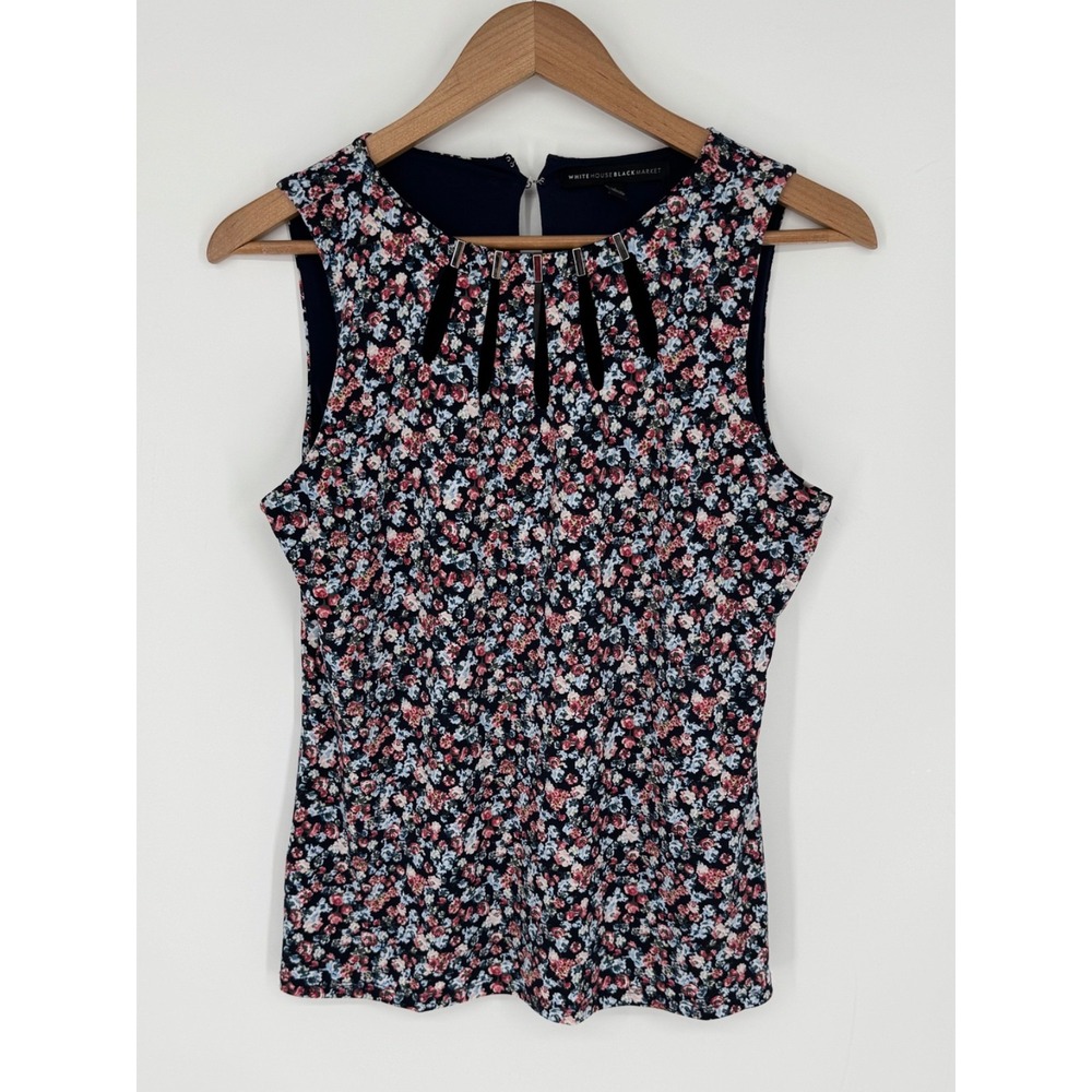 White House Black Market Navy Floral Layered Sleeveless Blouse Sz Small N3 *Read